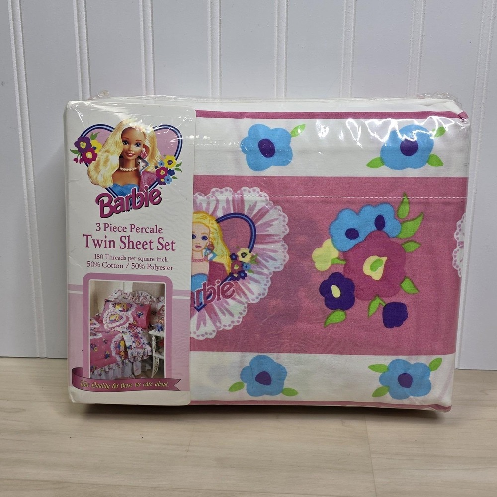 1995 Bibb Company Barbie Floral 3 Piece Percale Twin Sheet Set New